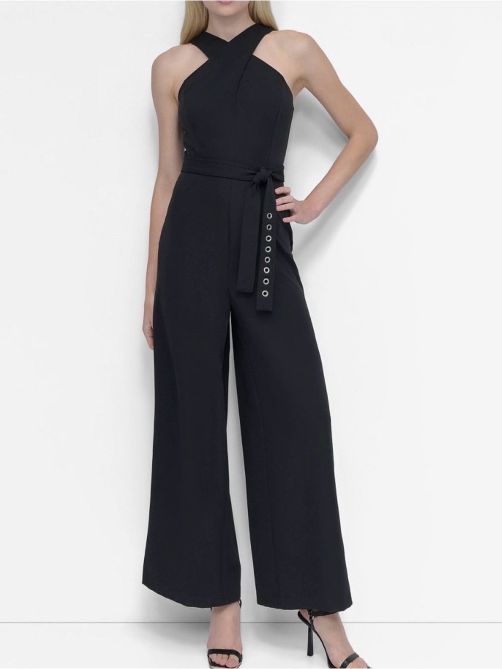 DKNY sz 16 Black Cross-Neck Wide-Leg Jumpsuit nwt
